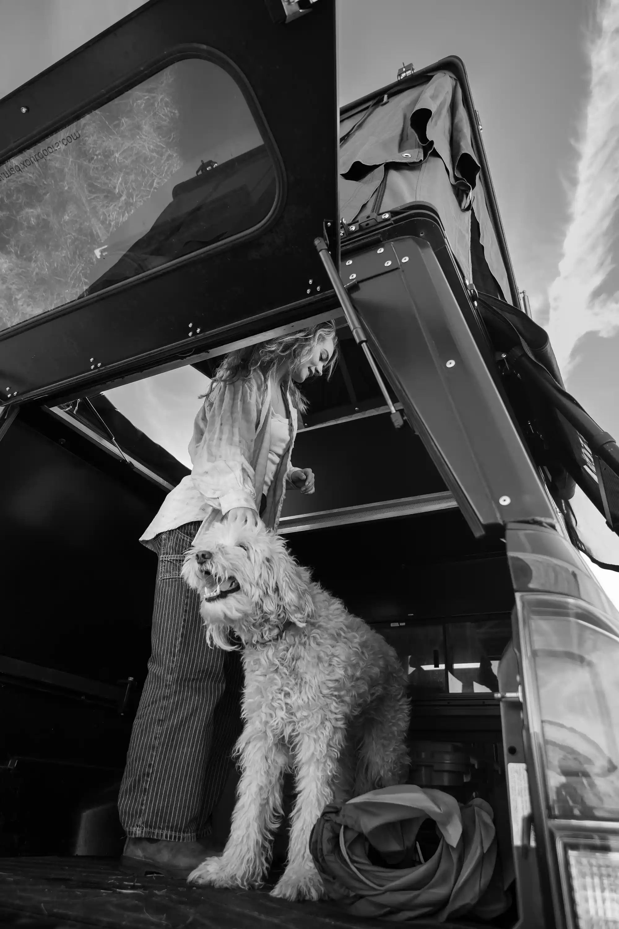 Person and dog inside truck bed camper and wedge tent.